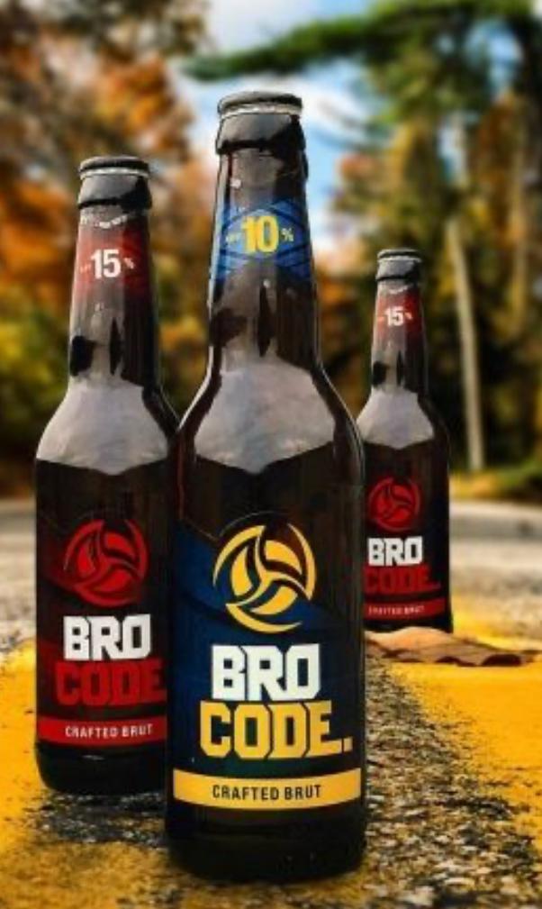 Bro Code Crafted Brut beer bottles in outdoor autumn setting Canada