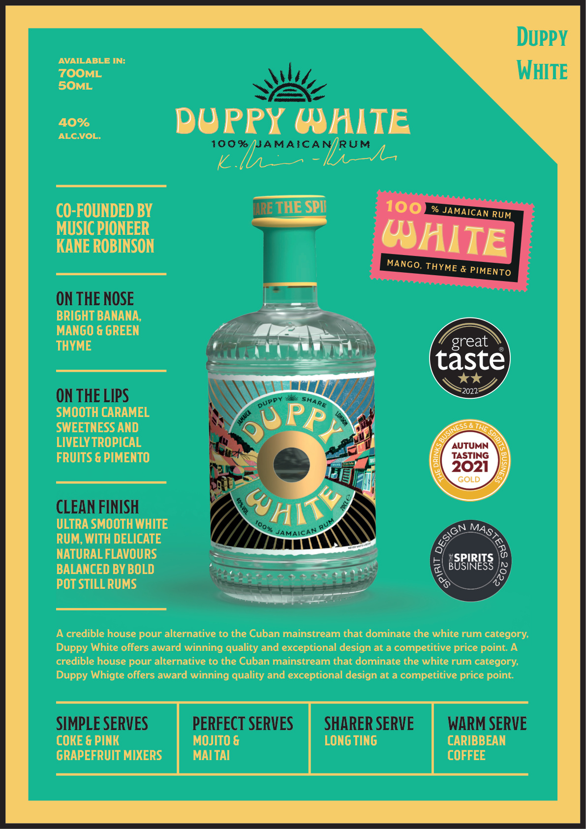 Duppy Share White Jamaican Rum - 100% Jamaican rum co-founded by Kane Robinson