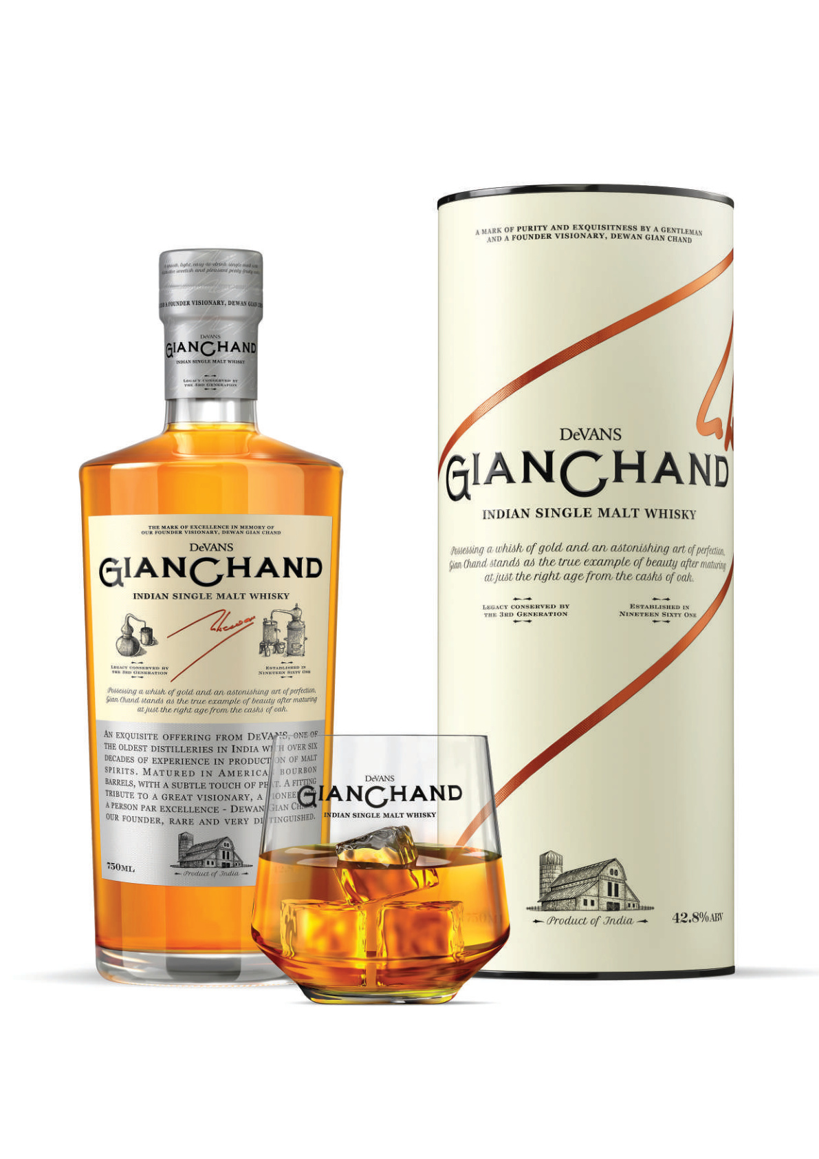 Gianchand Indian Single Malt Whisky by DeVans with branded glass and tube packaging