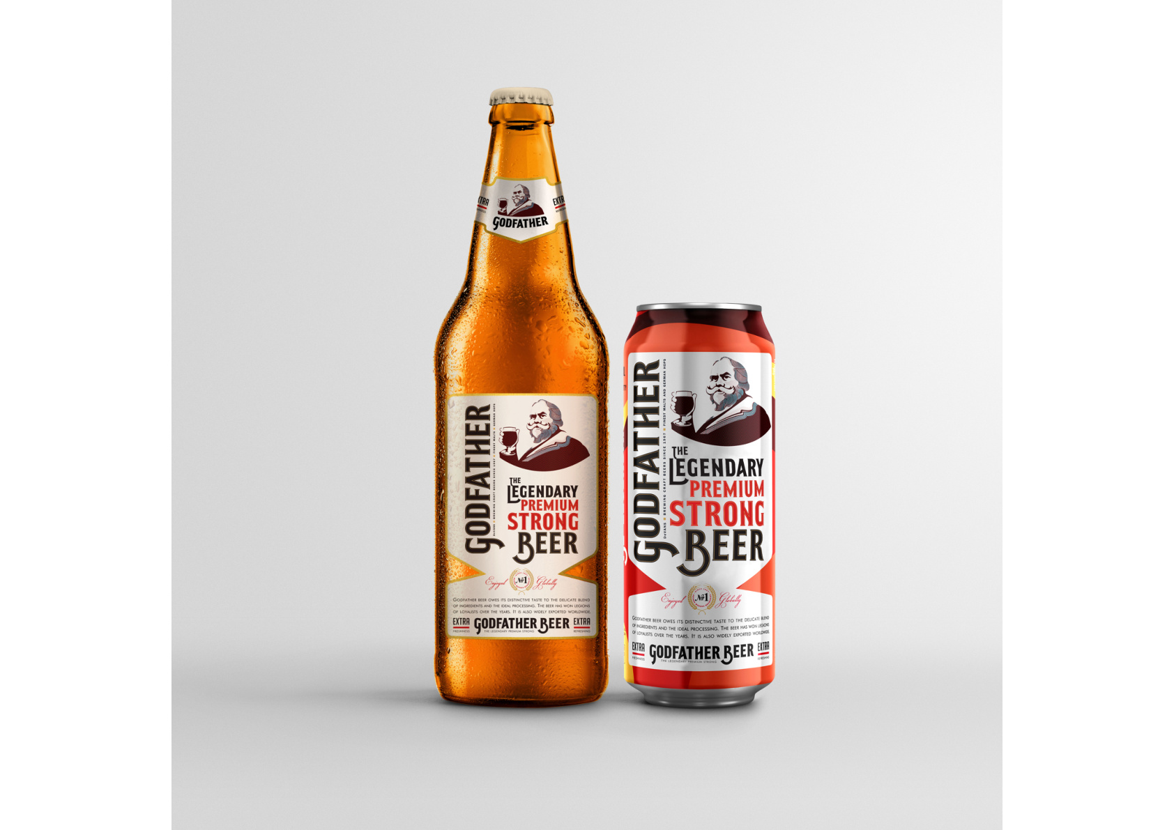 Godfather Beer legendary premium strong beer bottle and can