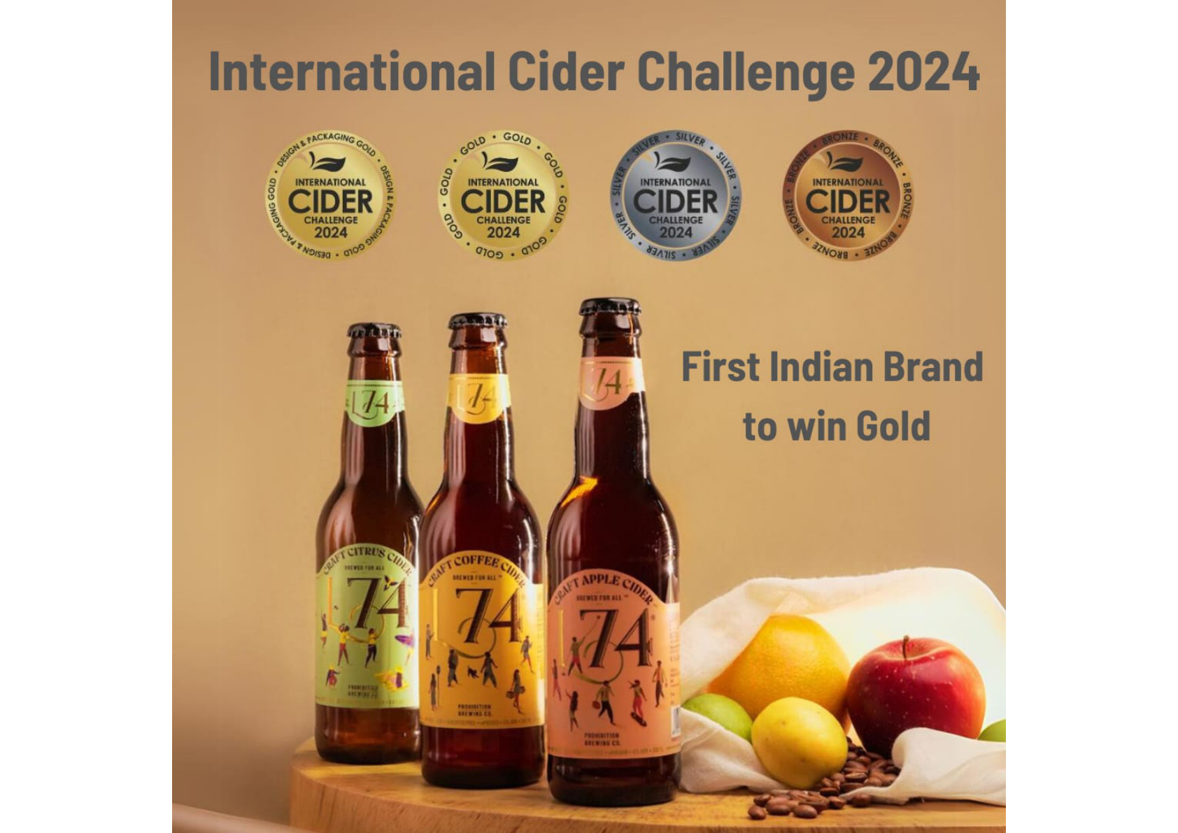 L74 Craft Cider bottles - International Cider Challenge 2024 Gold winner, first Indian brand to win Gold